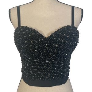 NWOT The Sang Black & Silver Beaded Bustier Bra Corset Crop Top Size Small